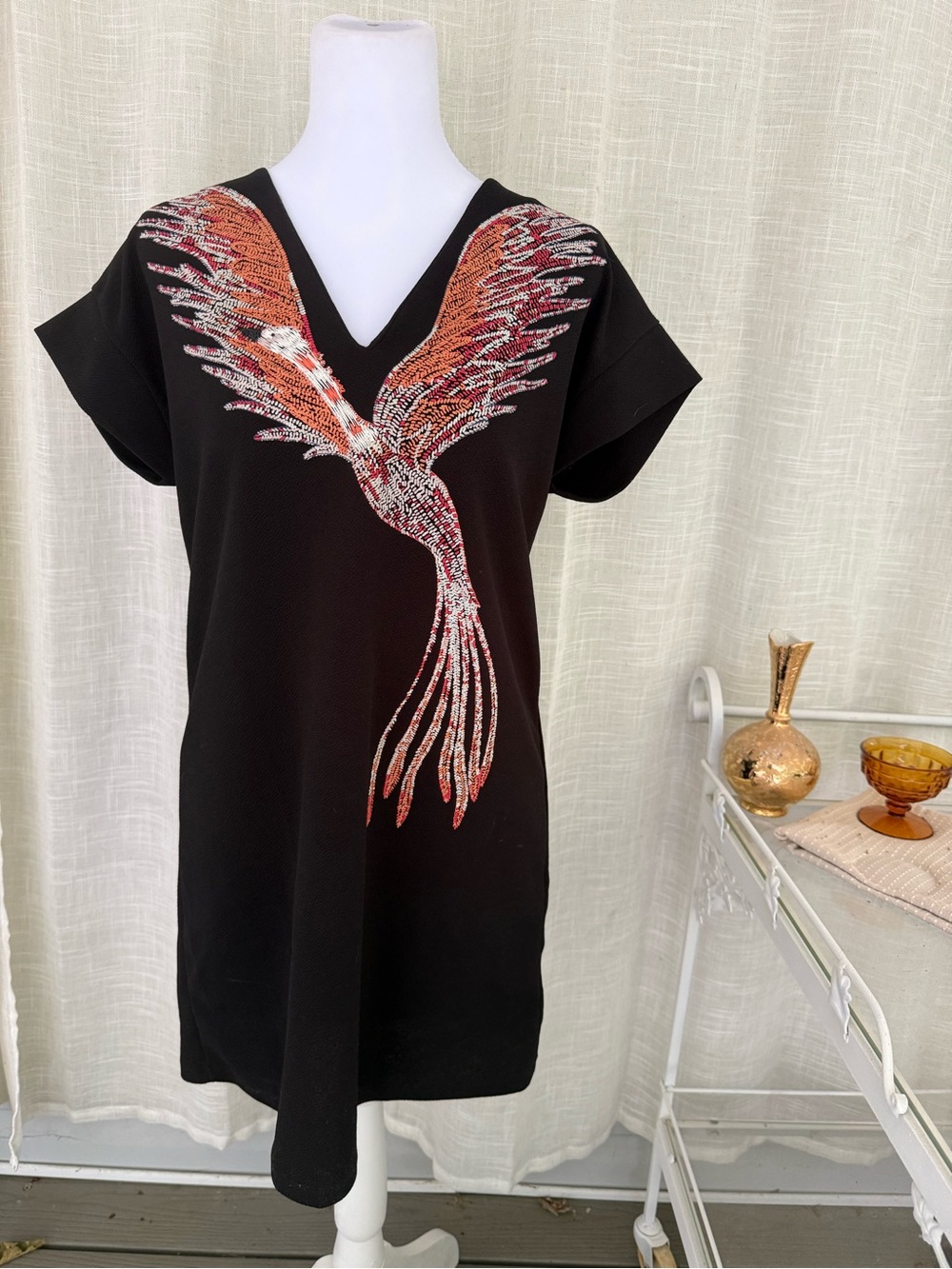 Zara Black V-Neck Tunic with Red, Silver & Orange Phoenix Motif